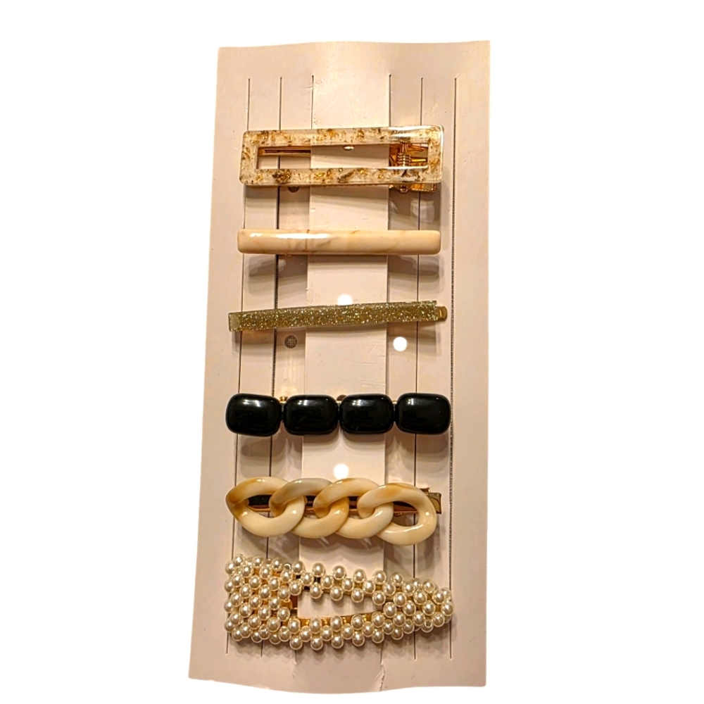 Hair Clip Set Cream Gold Black Pearlized And Sparkles NEW